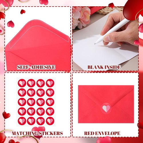 Motiskyy 100 Pcs Valentine's Day Greeting Cards Gold Foil with Red Envelopes and Stickers 5 Designs Assortment 5.9 x 3.9 Inches Blank Inside for Valentine's Day Wedding Anniversary