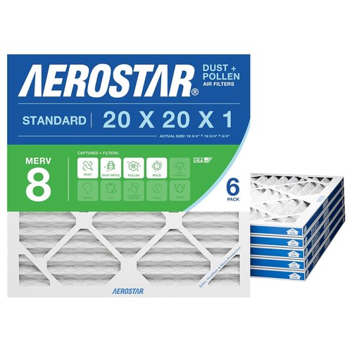 Aerostar MERV 8 Air Filter - 20x20x1 HVAC Filter Captures Dust, Lint & Pollen | 6 Count, Made in USA