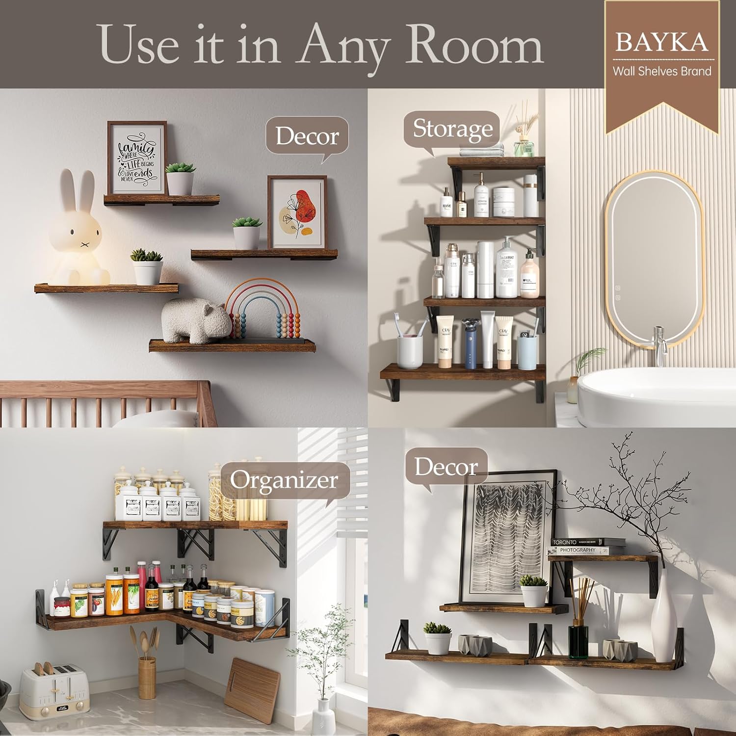 BAYKA Floating Wall Shelves - Rustic Wood Bathroom & Living Room Storage | Set of 4, Rustic Brown