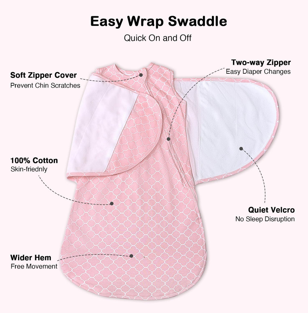 Skiennix Baby Sleep Sack Swaddle - 3-Way Adjustable 100% Cotton Transition Blanket for Girls | 0-6 Months, Pink
