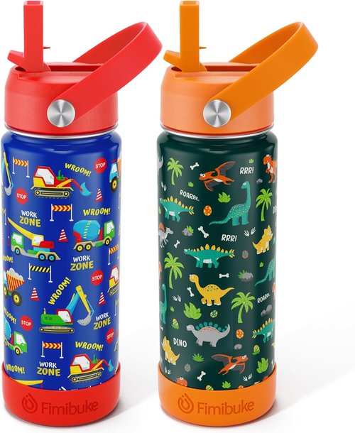Fimibuke Kids Insulated Water Bottle - 18oz BPA-Free Double Wall Tumbler | Leak-Proof, 2-Pack (Dinosaur/Truck)