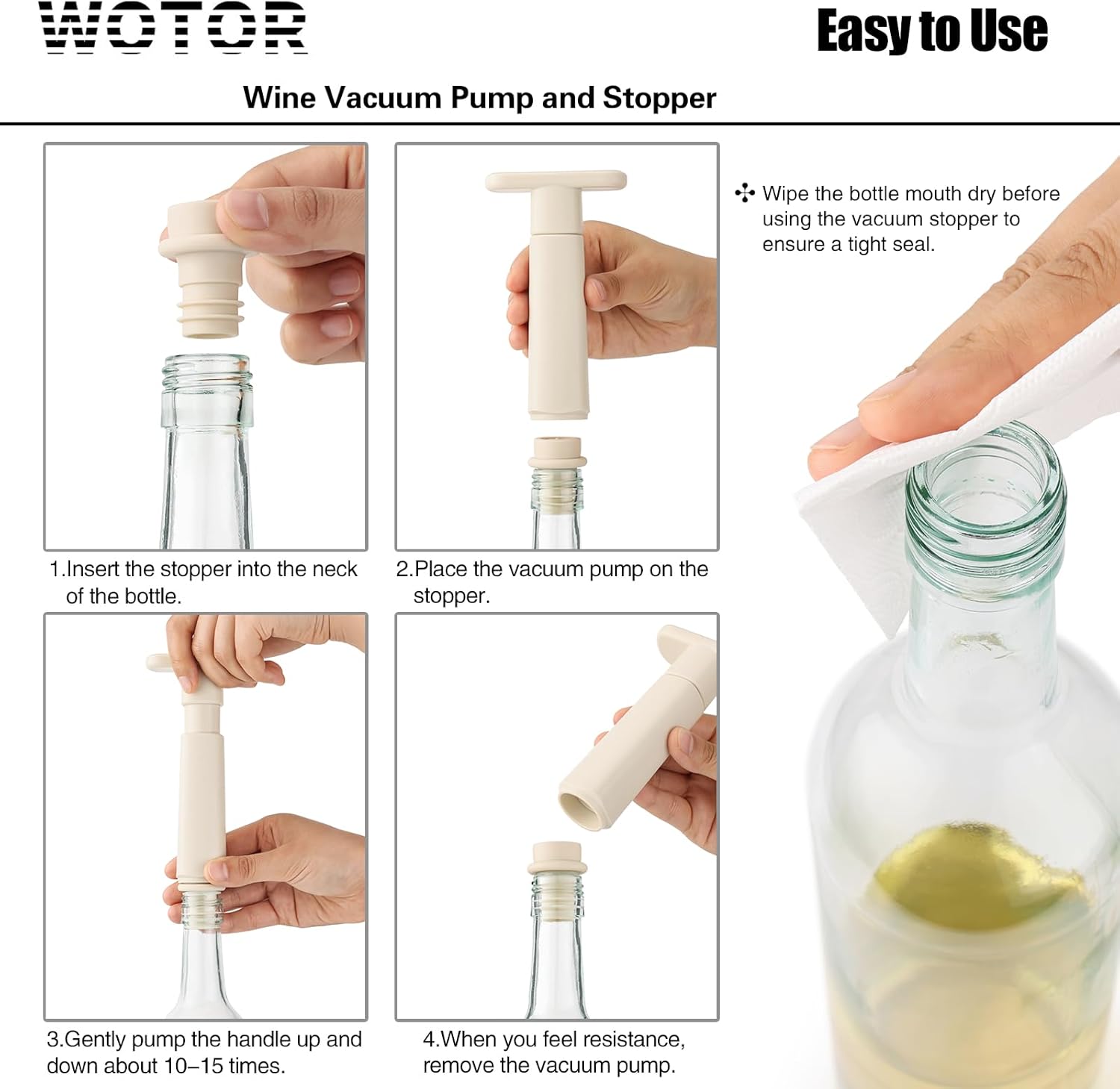 WOTOR Wine Stoppers Vacuum, Silicone Wine Saver & Preserver, Reusable Bottle Sealer, Keep Fresh (Cream, 12 Pieces)