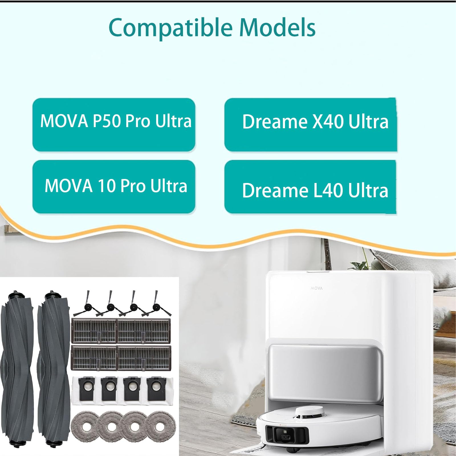 Replacement Parts for MOVA P50 Pro Ultra: MOVA P10 Vacuum Cleaner 18pcs Accessories kit, 2 Main Brushes 4 Filter 4 Dust bag 4 Side Brushes 4 Mop Pads