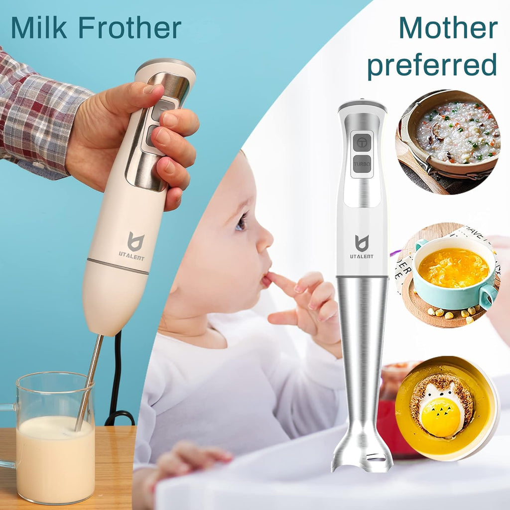 UTALENT Immersion Hand Blender - 5-in-1 8-Speed with 500ml Grinder & 600ml Container - White