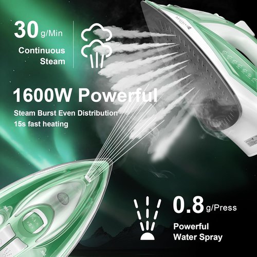 Martisan Steam Iron - 1600W Fast Heating with Non-Stick Ceramic Soleplate | Green Color, Precise Thermostat