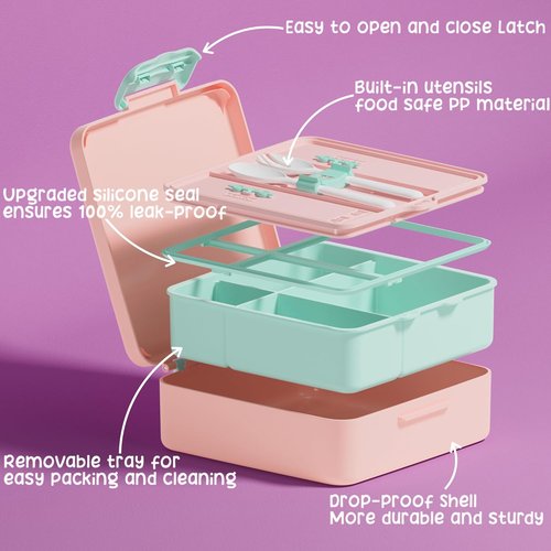 Fimibuke Kids Bento Lunch Box - 4 Compartments with Insulated Bag & Stainless Steel Bottle | Perfect Birthday Gift for Ages 3-12
