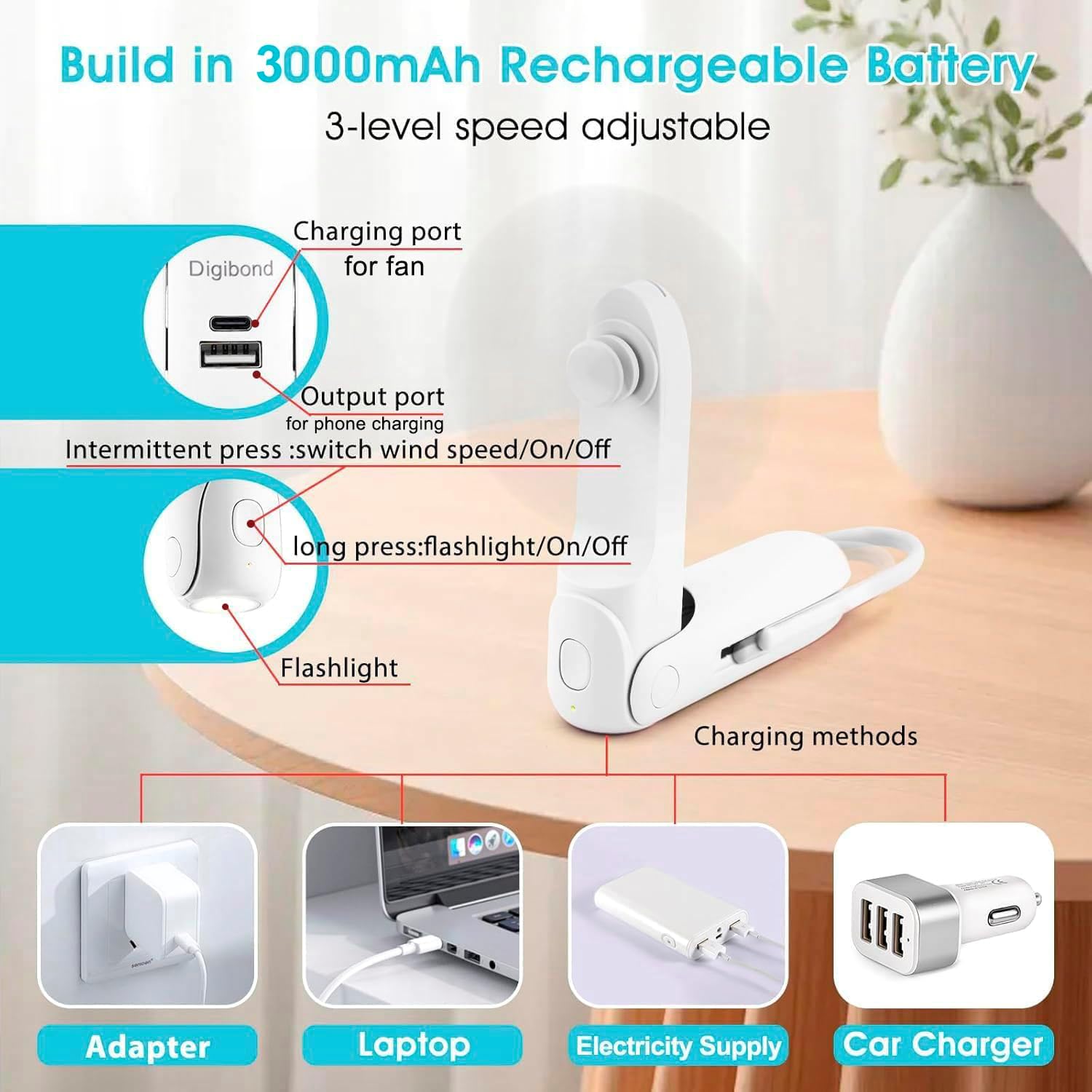 Skiennix Portable Handheld Fan - 6-in-1 Rechargeable Mini Fan with Flashlight & 3 Speeds (White)