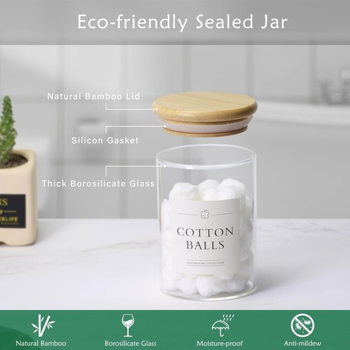 INIUNIK Qtip Holder - 3 Pack Glass Apothecary Jars with Lids | Stylish Bathroom Organizer Set
