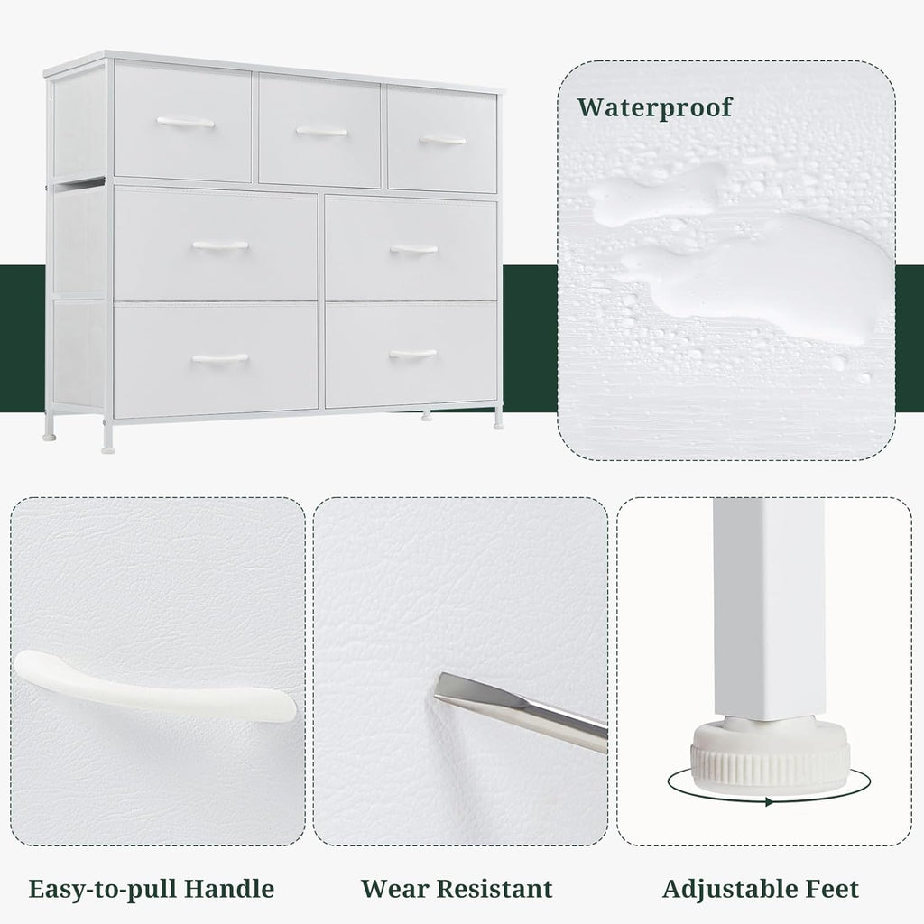 Regine Switzerland 7-Drawer Dresser - Anti-Tip Storage Organizer with Wooden Top | White Finish for Bedroom & Living Room