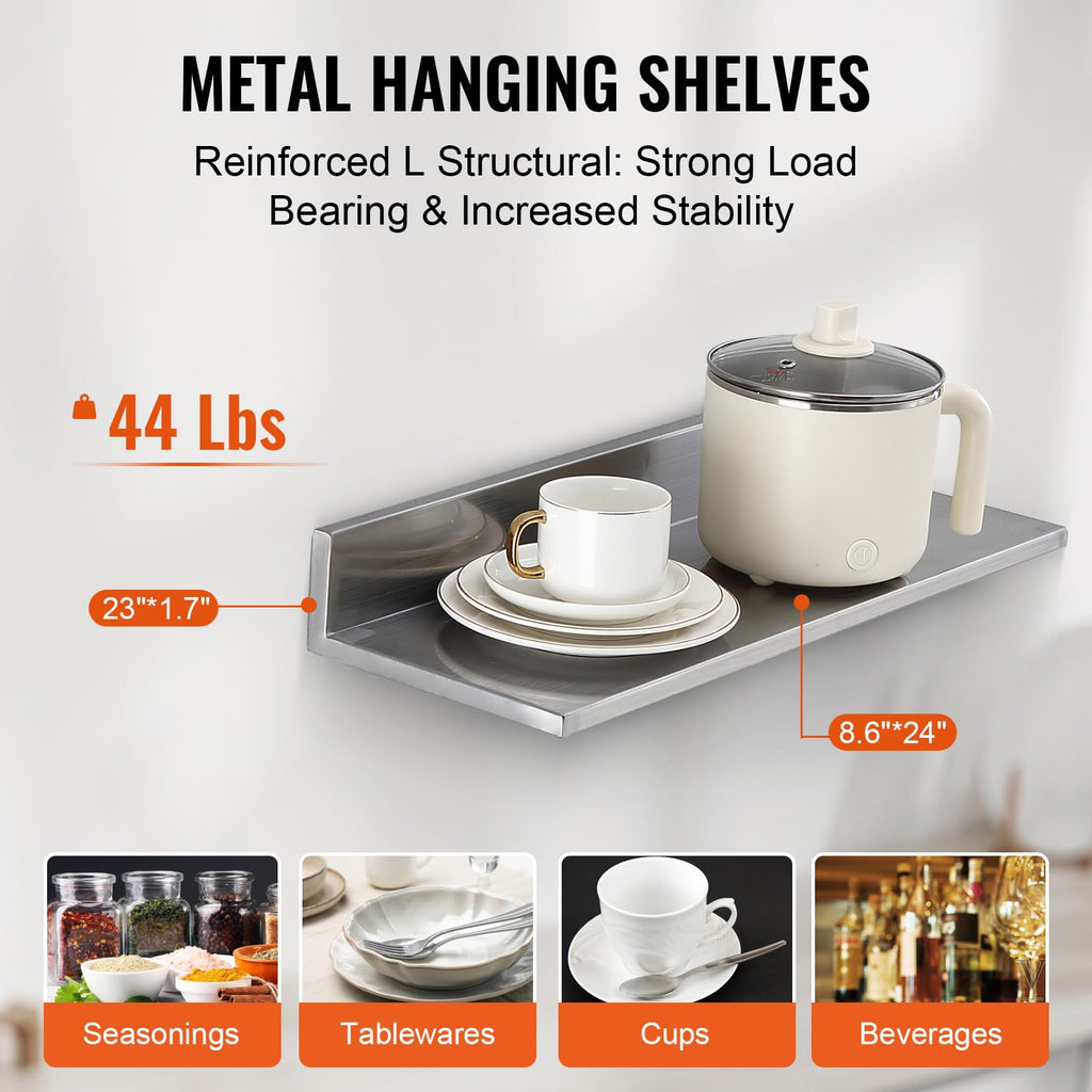 VEVOR 8.6" x 24" -2Pack Stainless Steel Shelf, Wall Mounted Floating Shelving with Backsplash, 44 lbs Load Capacity Commercial Shelves, Heavy Duty Storage Rack for Restaurant, Kitchen, Bar, Home