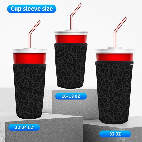 AUEKLLW 3 Pack Reusable Neoprene Insulator Sleeve for Iced Coffee Cups, Funny Coffee Cup Sleeves for 16-32oz Coffee cups, Cute Drink Sleeve for Cold Hot Beverages Cute Black Leopard