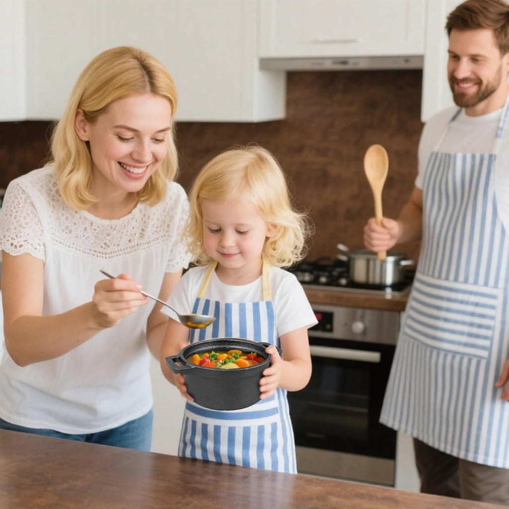 Skiennix Mini Dutch Oven - 6 Pcs Round Cast Iron Cocotte Pot with Lids & Dual Handles | 8 oz Black