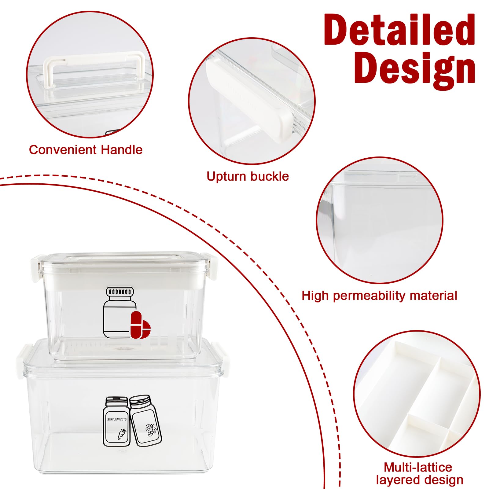 Xbopetda First Aid Box Empty and Vitamin Bottle Organizer Set, Clear Plastic Medical Box with Snap-Off Lid & Handle for Supplements Medicine Storage