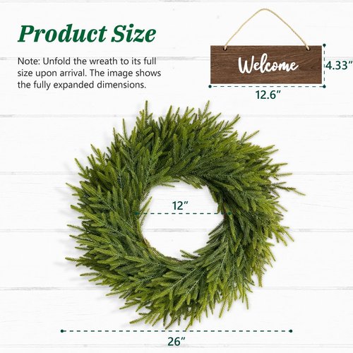 26 Inch Winter Wreaths for Front Door: Large Real Touch Norfolk Pine Wreath with Welcome Sign - Christmas Artificial Green Wreath for Farmhouse Porch Windows Wall Table Indoor Outdoor Home Decor