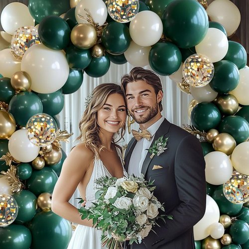 Emerald Green and Gold Balloons Arch Kit, Double Stuffed Dark Hunter Forest Green Pearl Sand White Metallic Gold Balloons for Wedding First Communion Birthday Graduation Party Decorations