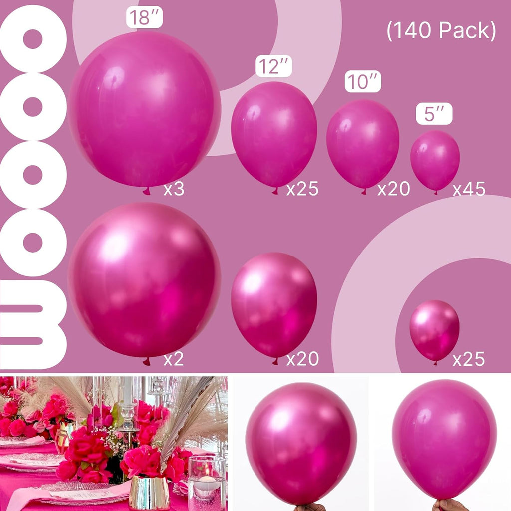 PartyWoo Hot Pink Balloons - 140-Piece Metallic Balloon Arch Kit for Engagements & Parties | 5-18 Inch Sizes