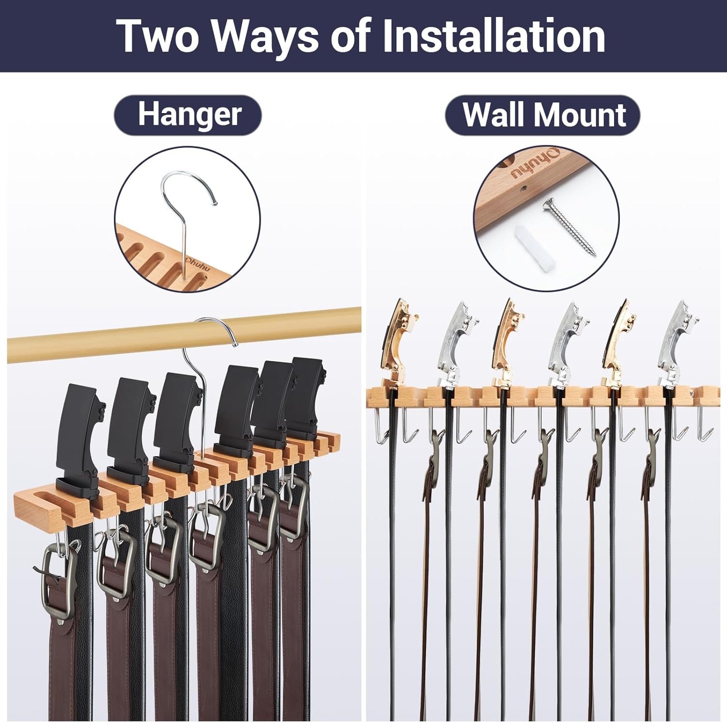 Ohuhu Belt Hanger Organizer - 2-in-1 Wall Mount with 14 Slots & 13 Hooks | 360° Rotating Wooden Storage for Belts, Ties & Scarves