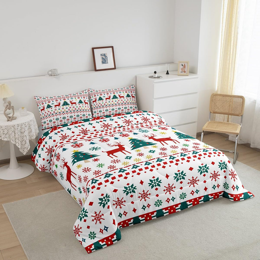 Reindeer Snowflake Comforter Set King Size,Abstract Christmas Tree Duvet Insert for Kids Boys Girls Room Decor,Bohemian Geometric Pattern Bedding Set 3Pcs,Merry Christmas Quilt Set,2 Pillowcases