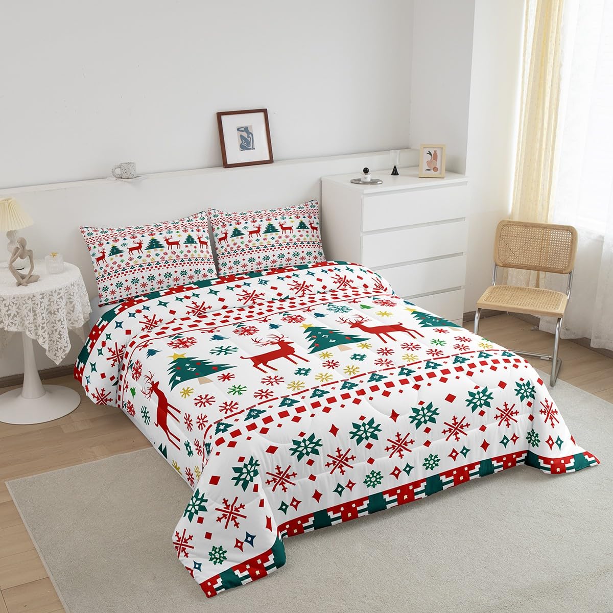 Reindeer Snowflake Comforter Set King Size,Abstract Christmas Tree Duvet Insert for Kids Boys Girls Room Decor,Bohemian Geometric Pattern Bedding Set 3Pcs,Merry Christmas Quilt Set,2 Pillowcases