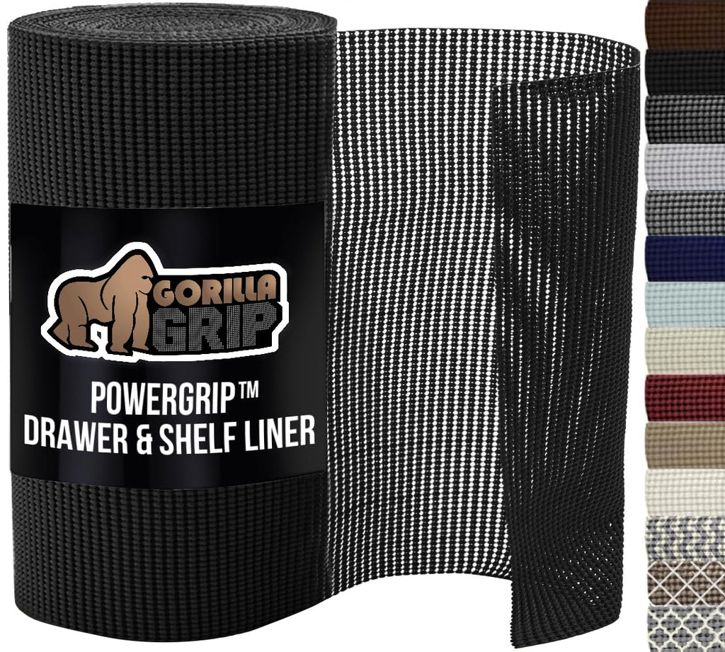 GORILLA GRIP powerGRIP Drawer Shelf and Cabinet Liner, Thick Strong Hold, Non-Adhesive Liners Protect Kitchen Cabinets and Cupboard, Bathroom Drawers, Easy Install, Breathable Mat, 12" x10', Black