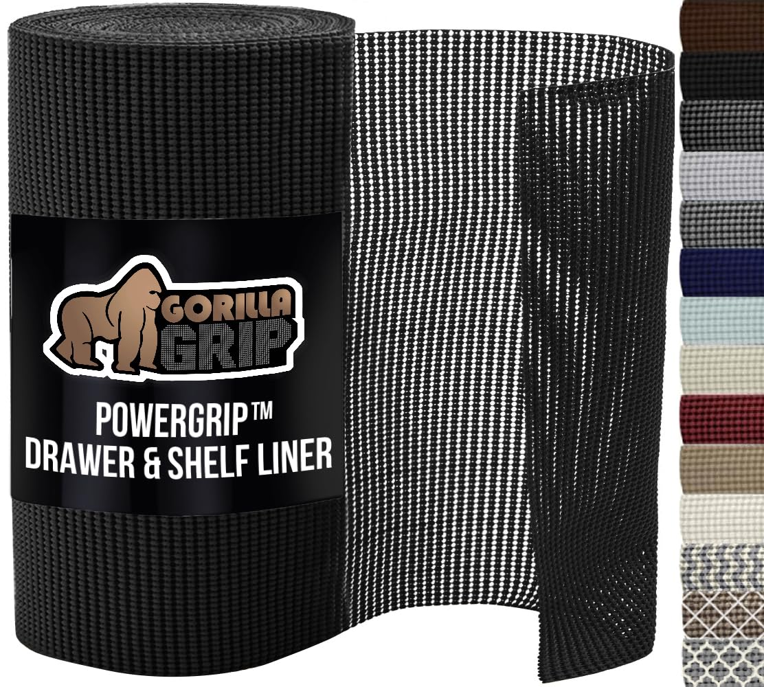 GORILLA GRIP powerGRIP Drawer Shelf and Cabinet Liner, Thick Strong Hold, Non-Adhesive Liners Protect Kitchen Cabinets and Cupboard, Bathroom Drawers, Easy Install, Breathable Mat, 12" x10', Black
