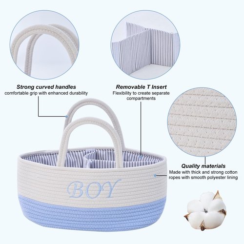 DUHEL Diaper Caddy Organizer with Handle,Baby Basket use for Diaper Organizer and Storage,Baby Boys Newborn Essentials,3 Compartments-Cotton rope Material Storage for Home or Travel.(White＆Blue)