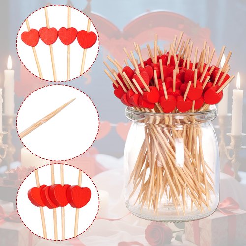Hoyuwak Valentine's Day Heart Cocktail Picks – 200 Count Bamboo Food Skewers with Red Heart Decoration for Romantic Dinners, Date Nights, Appetizers, Charcuterie & Couples Celebrations