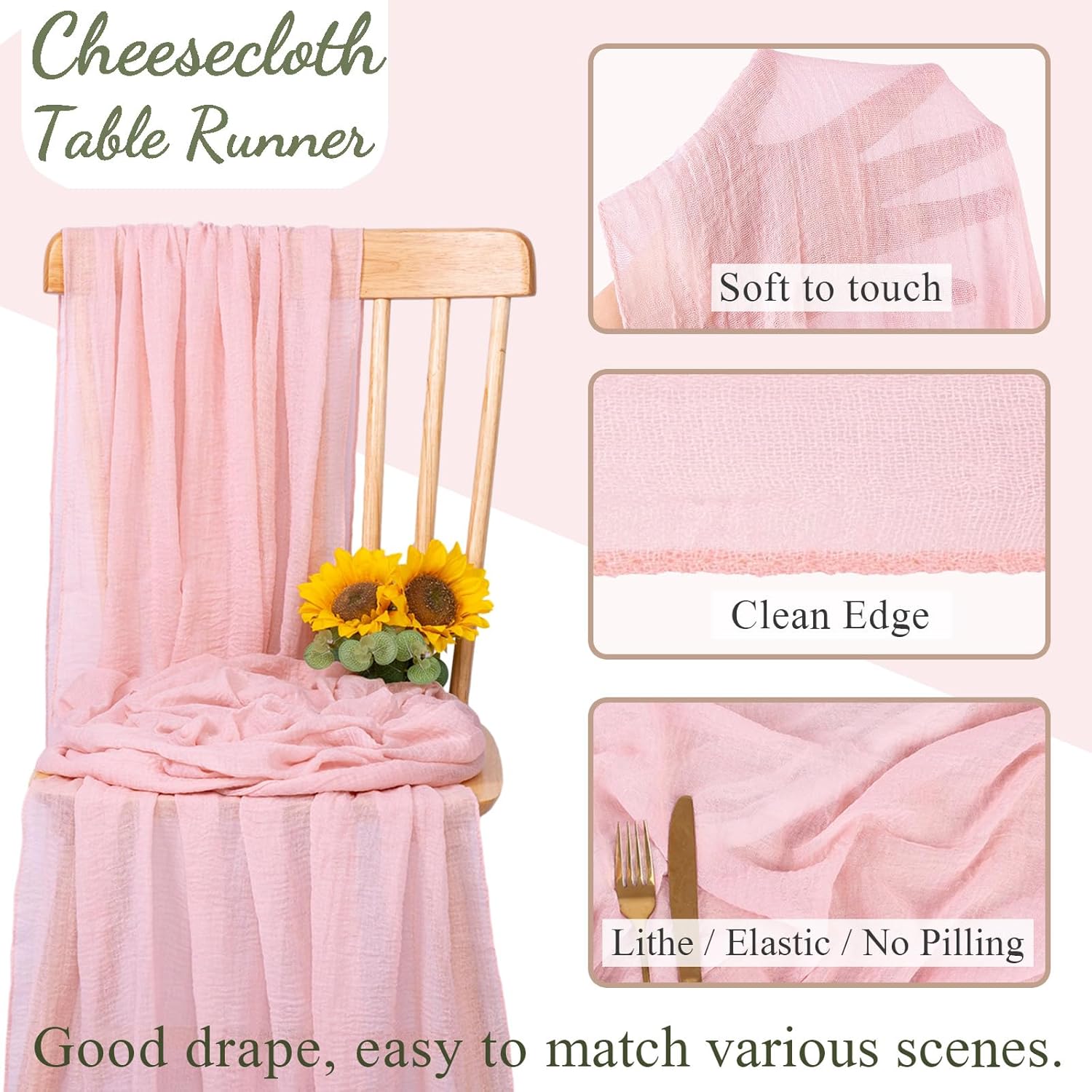 Skiennix Blushing Pink Cheesecloth Table Runner - 10ft Boho Rustic Decor for Weddings & Events | 32x120 Inches
