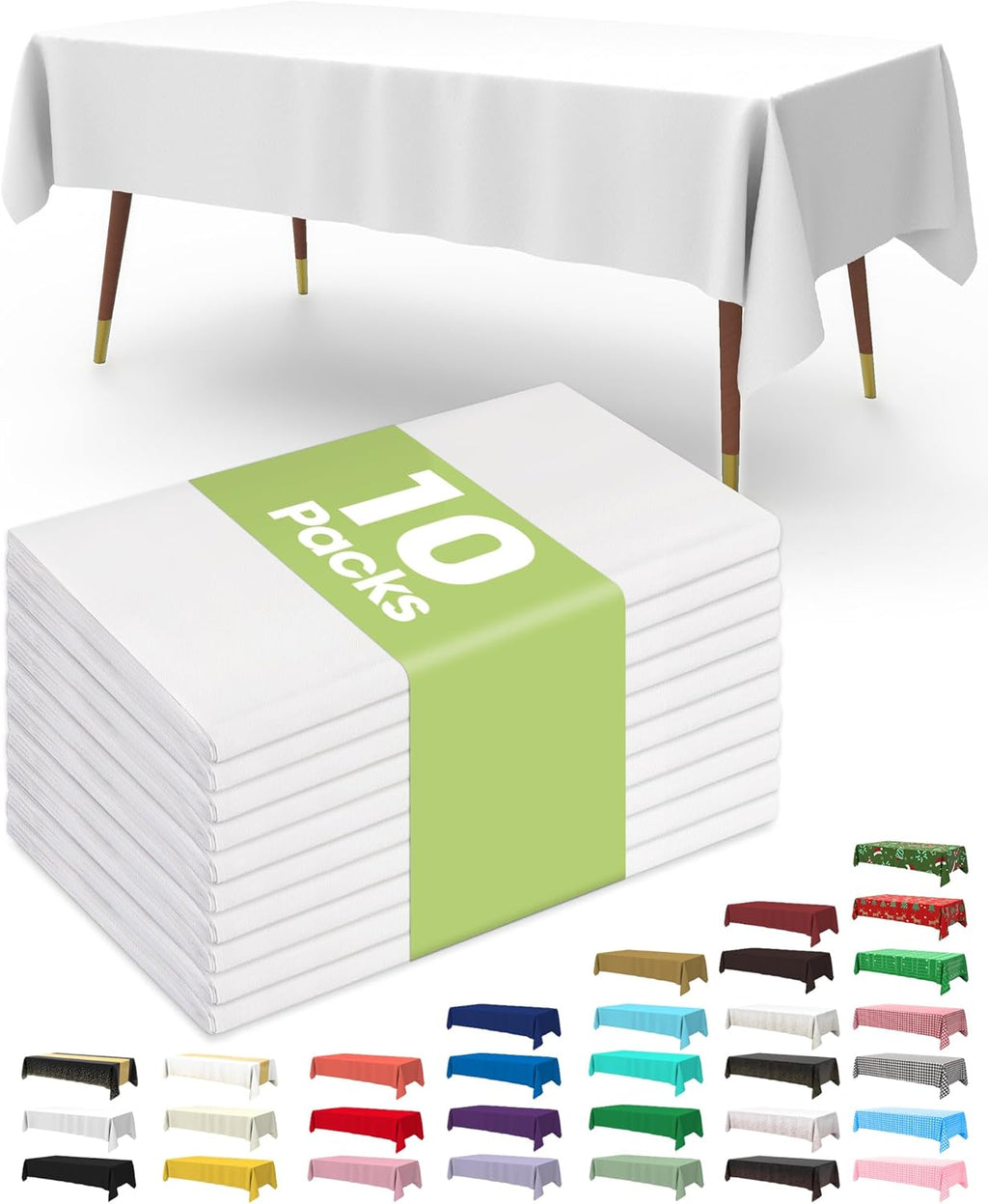 Pureegg Disposable Table Set - 10 Pack Leakproof White & Blue Tablecloths & Runners | 54''x108'' & 14''x108'' for Events