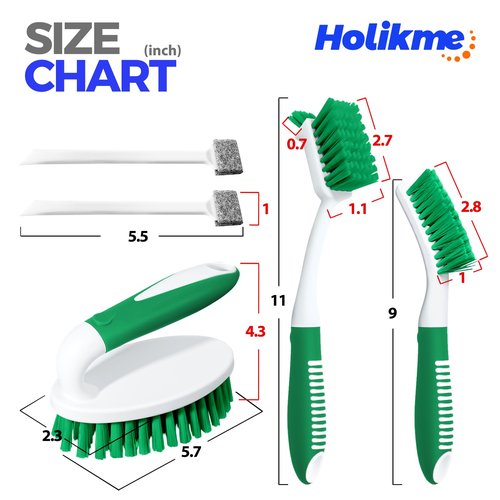 Holikme Cleaning Brush Set for Household Use, Scrub Brush, Kitchen Brush, Tile Lines Brush for Bathroom, Floor, Tub, Shower and Kitchen Surface (Green)