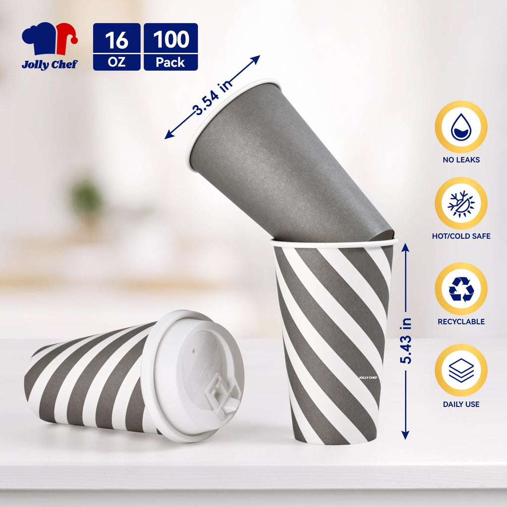 JOLLY CHEF 100 Pack 16 oz Paper Coffee Cups, Disposable Printed Hot Cups with Lids for Home, Business, Restaurant and Cafe (Stripes and Grey)