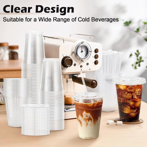 Lamosi 100 Pack Clear Plastic Coffee Cups - 16 oz with Lids & Straws for Iced Beverages | Disposable Drinkware