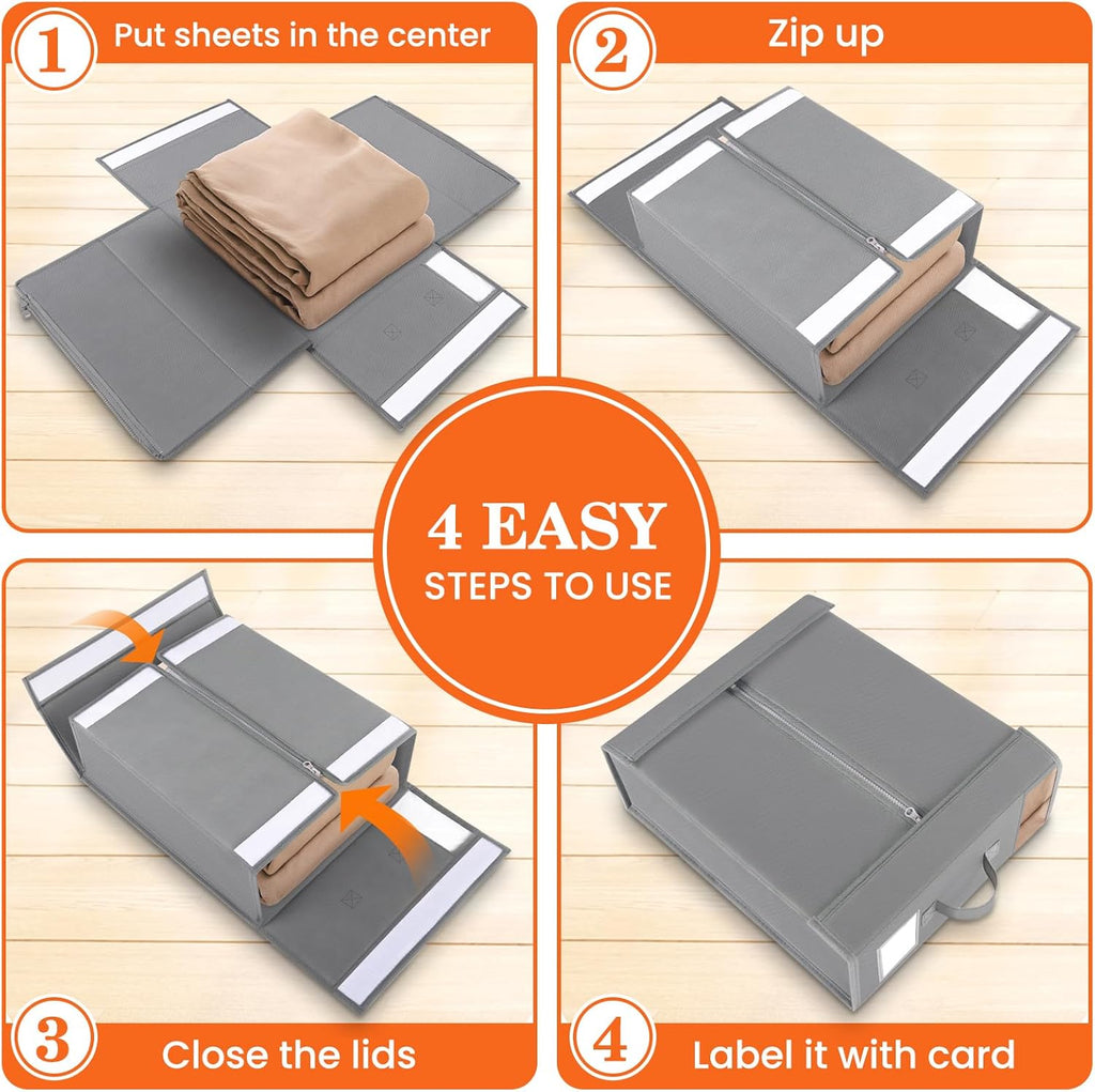 WOWBOX Sheet Organizers - Under Bed Storage with Label Cards & Clear Window | 6 Pack, Gray