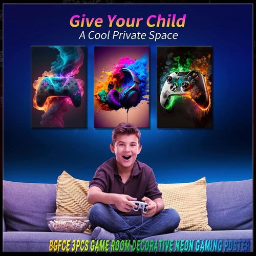 BGFCE Gaming Room Decor - Set of 3 Cool Canvas Wall Art Prints for Teen Boys | 12x16 Inch Framed