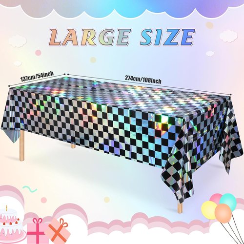 Checkered Plastic Tablecloths by Iridescent | Shiny Disposable Laser Rectangle Covers - 54x108 Inch