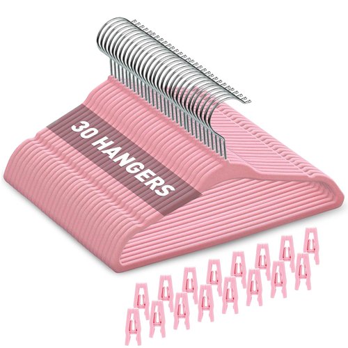 Babyrish Velvet Baby Hangers with Clips (30 Pack) | 11” Ultra-Slim Baby Clothes Hangers | Non-Slip Felt | Space-Saving Nursery & Infant Closet Organizer | Pink