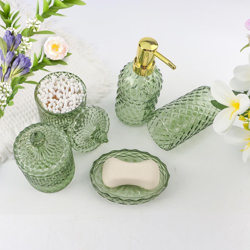 5Pcs Glass Bathroom Accessories Set,Green Vintage Bathroom Accessory Set, Bathroom Counter Sink Toothbrush Holder Set Includes 13.5oz Hand/Lotion Soap Dispenser & Tumbler & Soap Dish & Qtip Holders