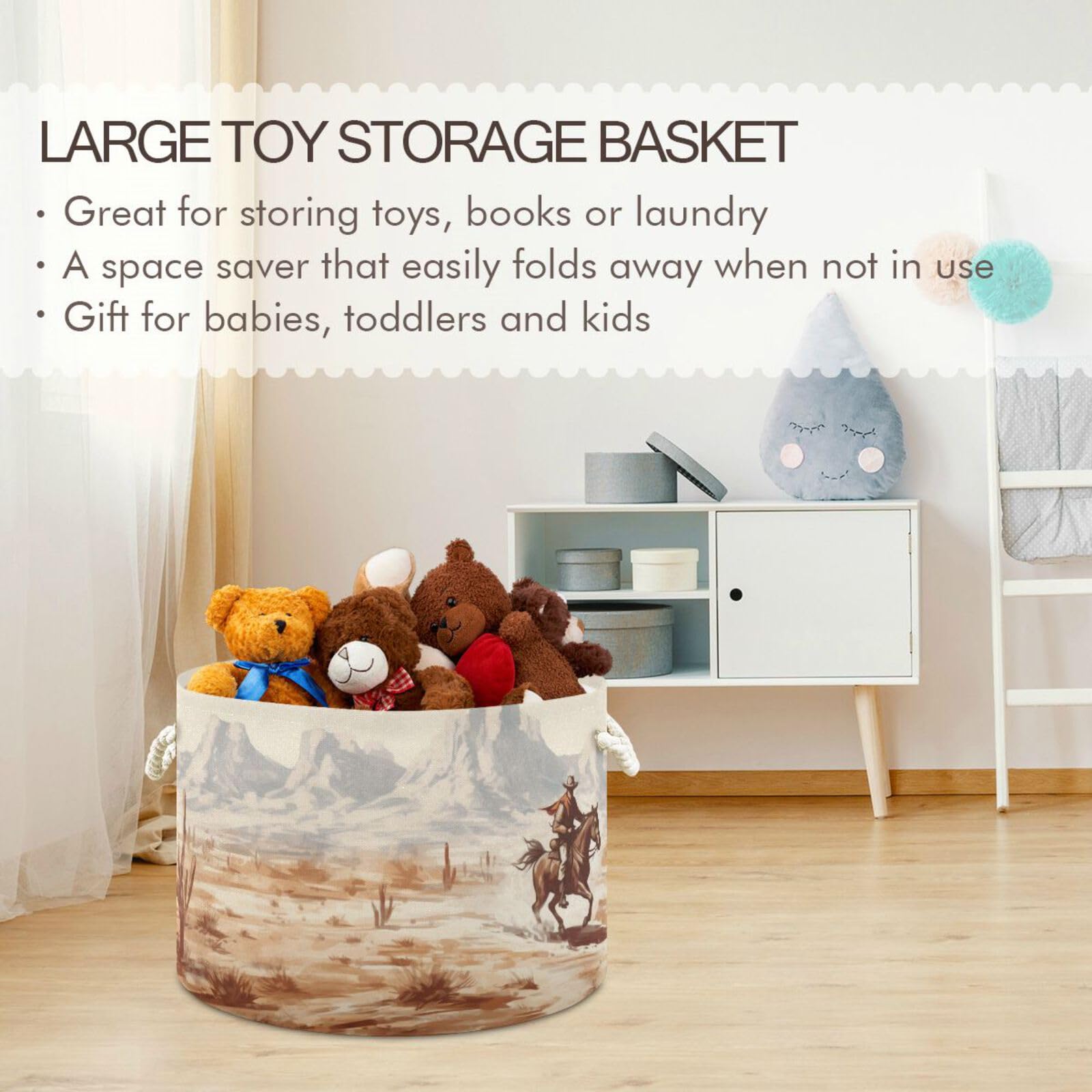 YETTASBIN Western Desert Cowboy Cotton Rope Basket Large Round Baby Laundry Basket Toy Blanket Books Storage Bin for Bedroom Bathroom Nursery Home Decor, 20 x 14 Inch
