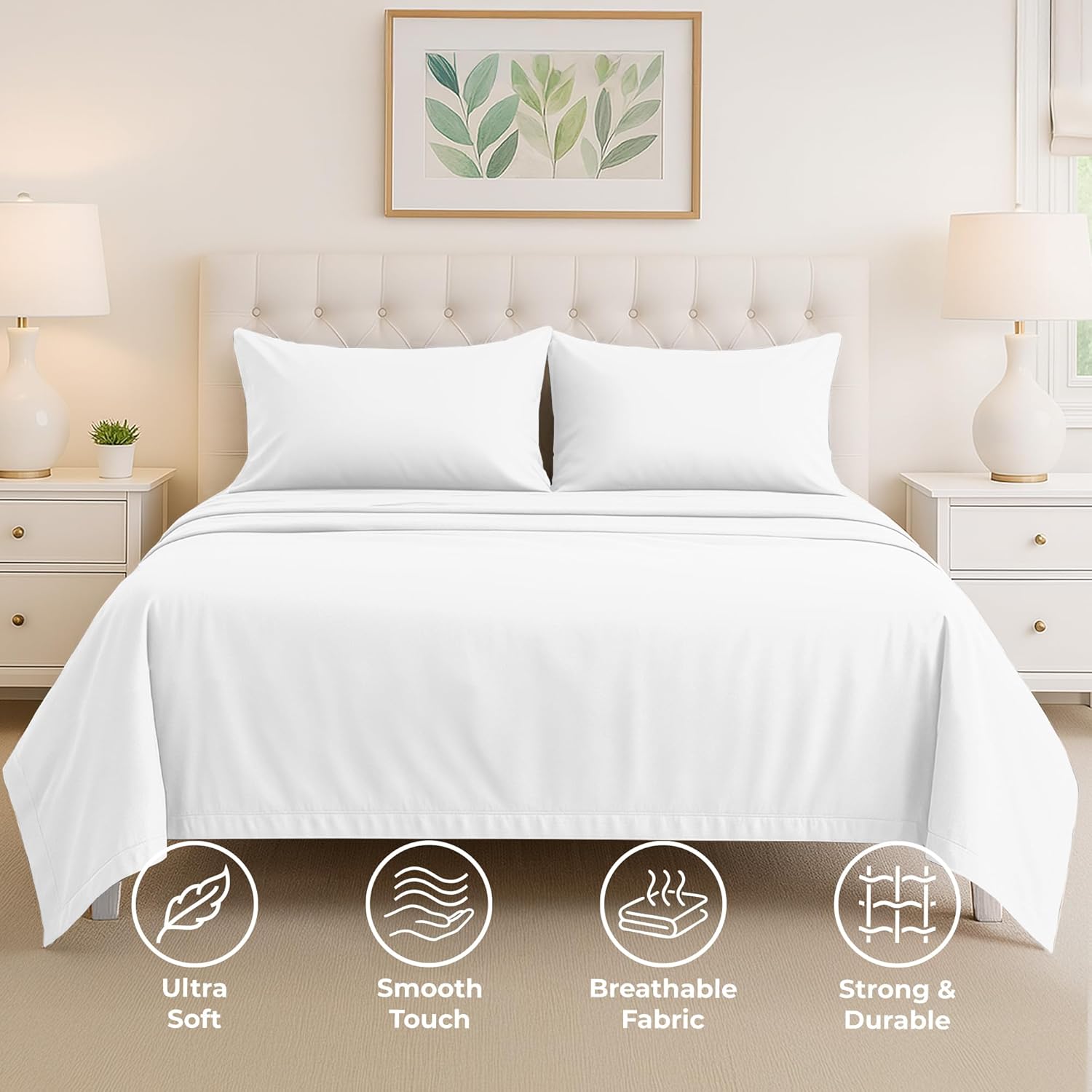 Pure Bedding Queen Sheet Set - 4-Piece Luxury White Bed Sheets | Soft 1800 Brushed Microfiber - Deep Pocket Design