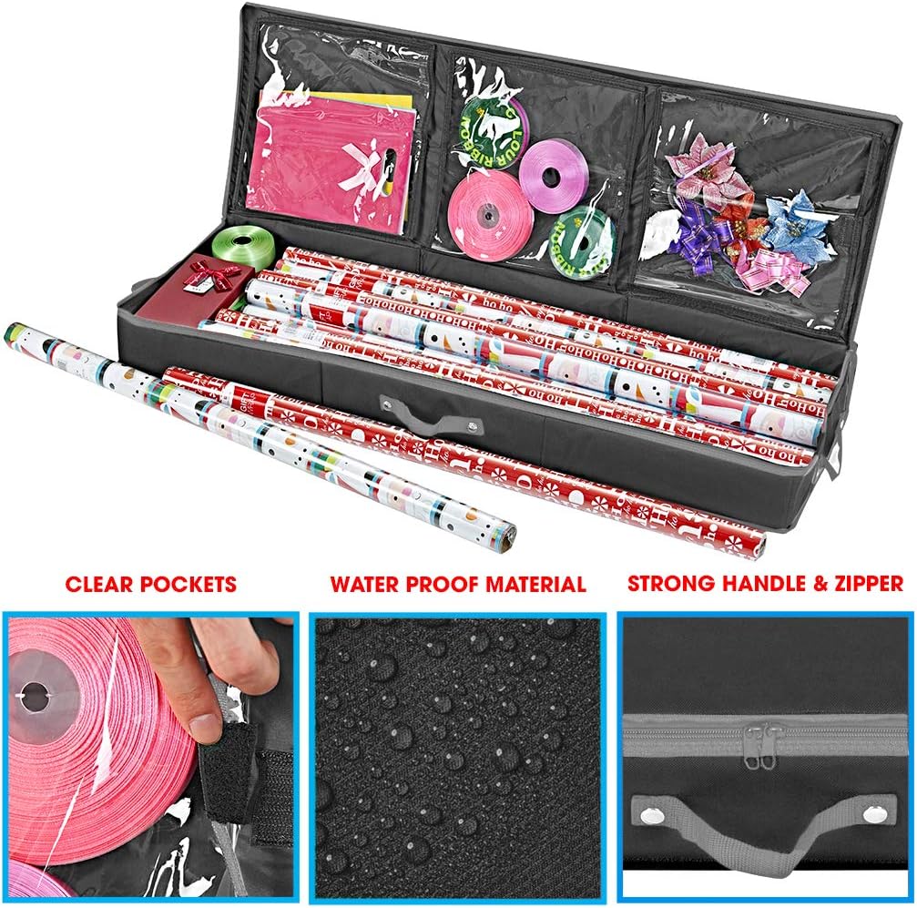Primode Wrapping Paper Storage Container - Under Bed Gift Wrap Organizer | 41"x14"x6" | Holds 18-24 Rolls Up to 40" | Durable 600D Oxford Material | Includes Pockets for Ribbons and Bows (Black)