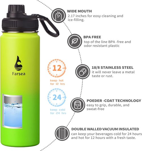 Farsea Insulated Water Bottle - 24 oz Stainless Steel With Paracord Handle & Dual Lids | BPA-Free, Sweat-Proof