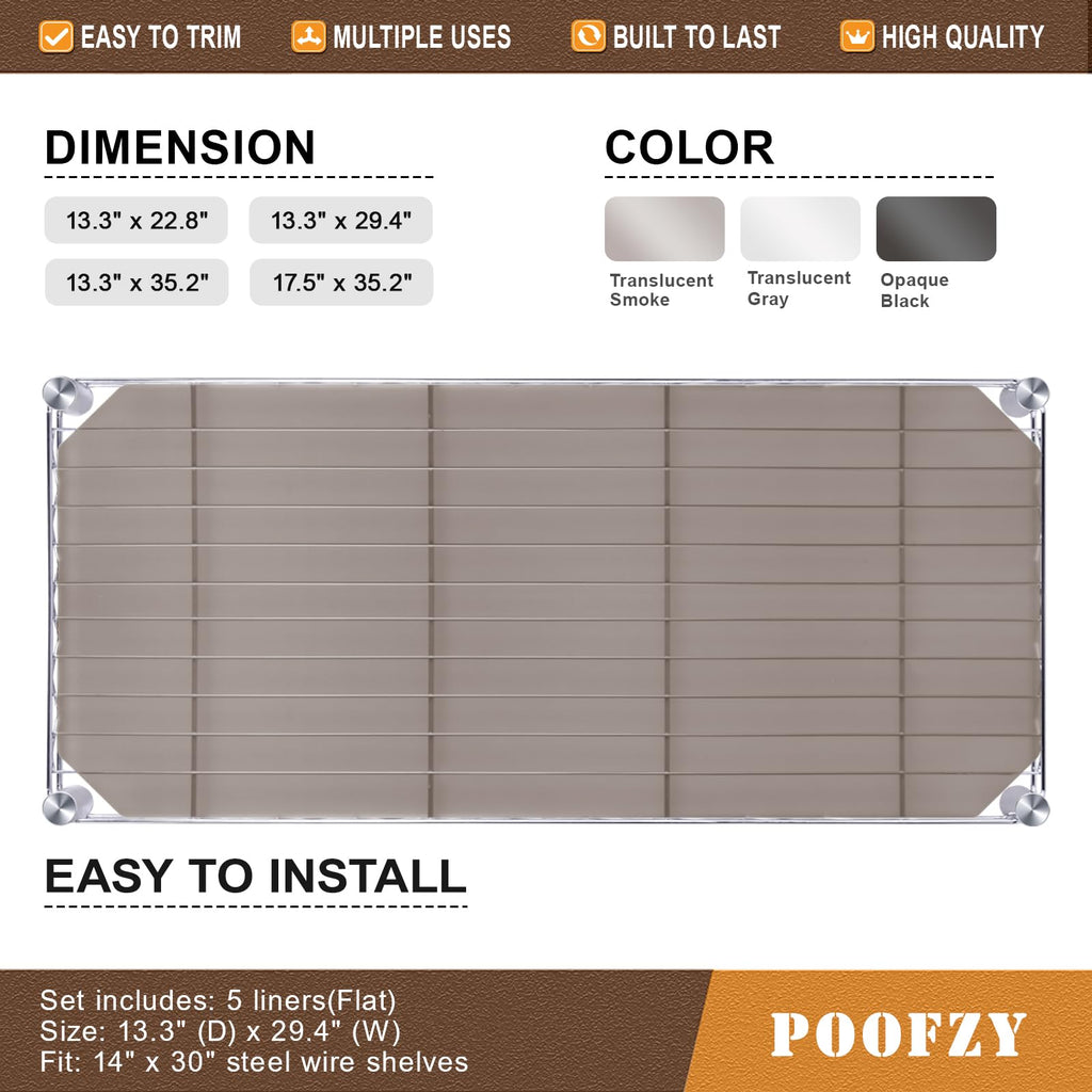 Poofzy Wire Shelf Liner 16" X 36", Non-Adhesive Plastic Shelf Liners for Wire Shelving, Waterproof Protector Mats (5PK, Gray)