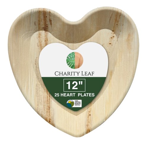 Charity Leaf Disposable Palm Leaf 12" Heart Plates (25 pieces) Bamboo Like Serving Platters, Disposable Boards, Eco-Friendly Dinnerware For Valentines, Weddings, Catering, Events