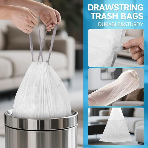 Ryobyo 180 Counts Drawstring Small Trash Bags 2-4 Gallon, 4 Gallon Mini Trash Bag Extra Strong, Small Garbage Bags Unscented, Stretchy, Quick Cinch for Bathroom Bedroom Office,White