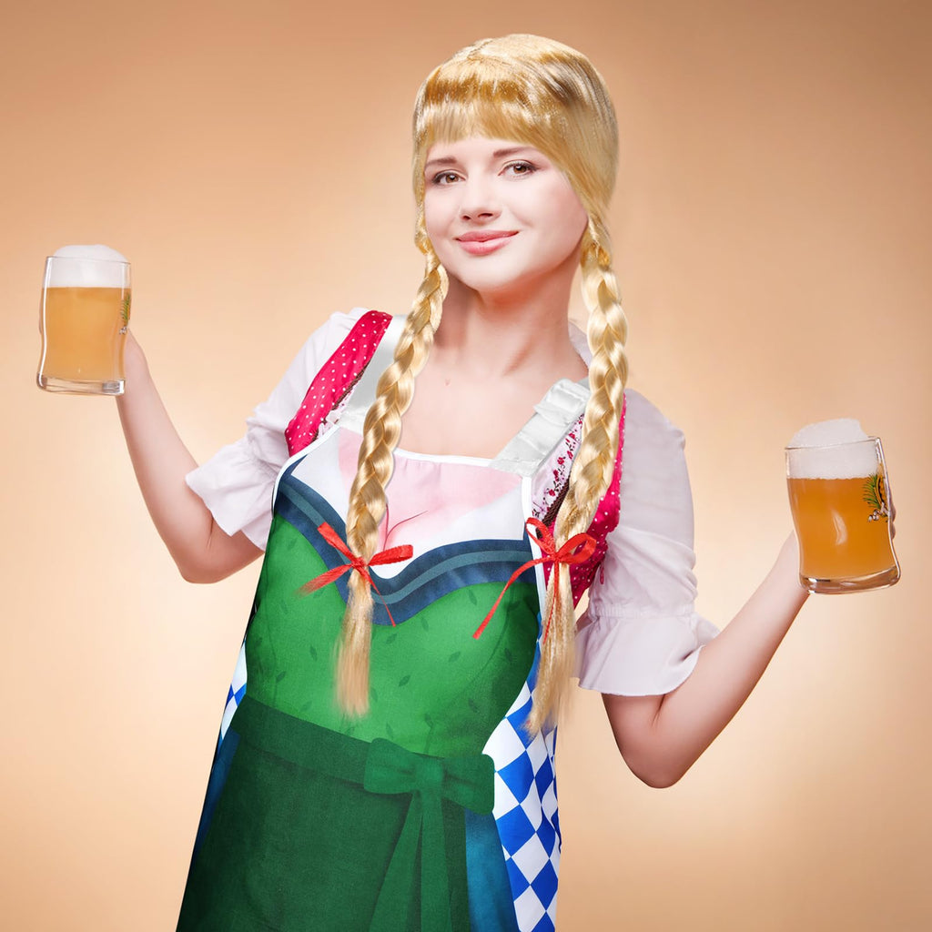 Langyiwee 4 Pcs Oktoberfest Costume Couple Cooking Aprons German Hats Blond Wig Oktoberfest Dress(Green, Brown,Classic)