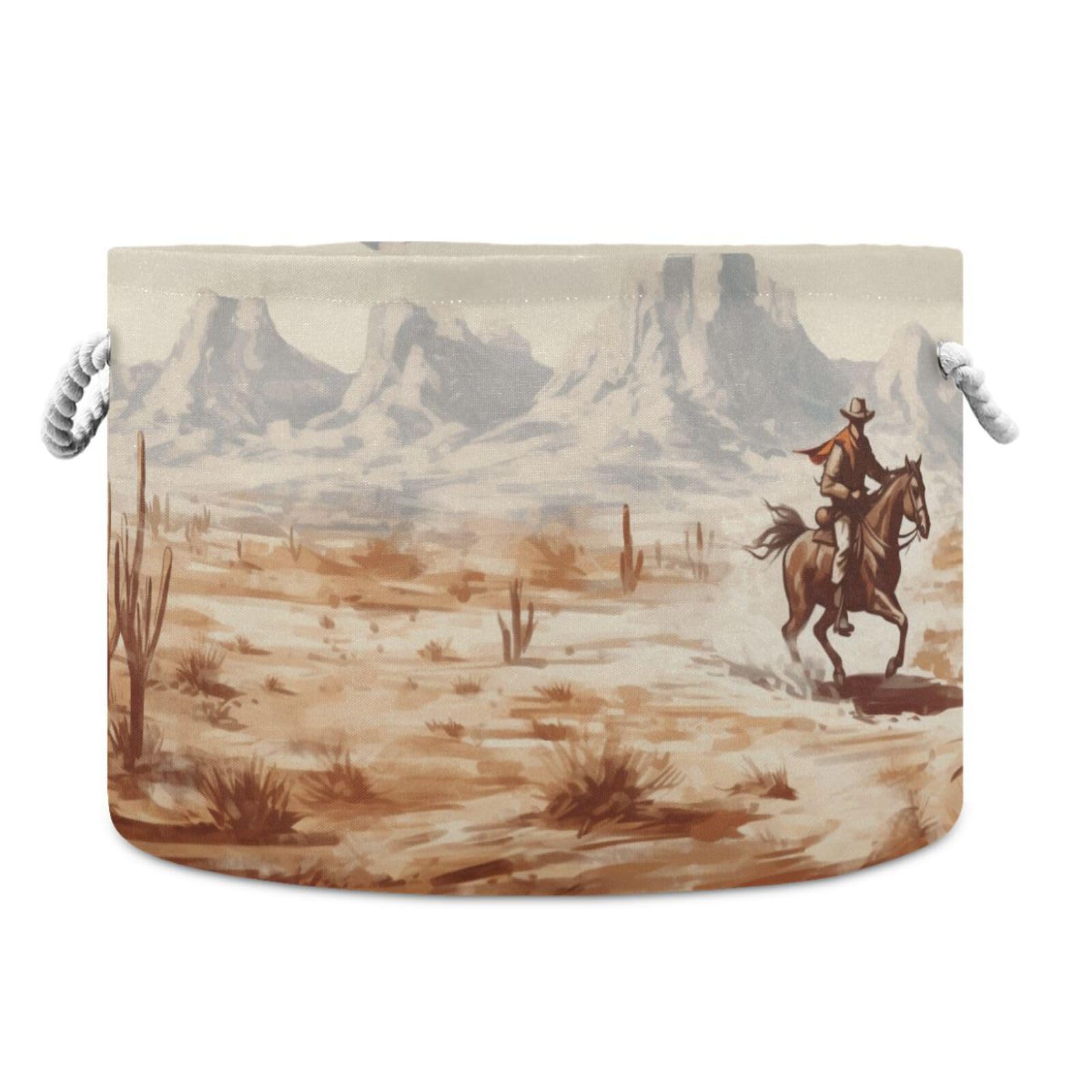YETTASBIN Western Desert Cowboy Cotton Rope Basket Large Round Baby Laundry Basket Toy Blanket Books Storage Bin for Bedroom Bathroom Nursery Home Decor, 20 x 14 Inch
