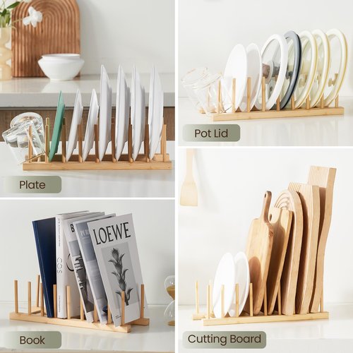 NOVAYEAH 2 Pack Bamboo Wooden Dish Rack-Plate Pot Lid Cutting Board Organizer Holder Rack for Cabinet-Kitchen Cabinet Organizer for Dish, Pots, Lids, Bowls, Bottles, Books, and Puzzle