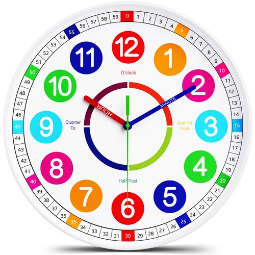 lanktoo Kids Wall Clock - Non-Ticking, Battery-Operated Time Teaching Clock for Kids, Ideal for Children’s Bedrooms, Playrooms, and Stylish Home Décor – White, 8 Inch