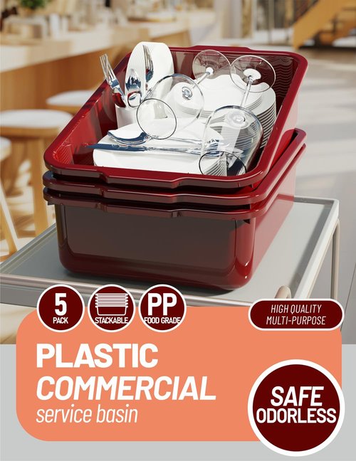 5-Pack Commercial Bus Tubs Box/Tote Box, Wine Red Plastic Storage Bin with Handles/Wash Basin Tub (8 Liter)