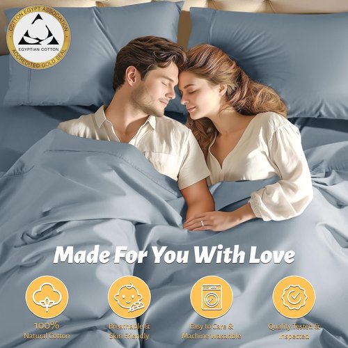 Shilucheng 100% Egyptian Cotton King Size Sheets Set - 1000 Thread Count，Luxury Cotton Bed Sheets，Breathable & Cooling Bedding and Pillow Cases, 16 Inch Deep Pocket - 4 Piece (French Blue, King)